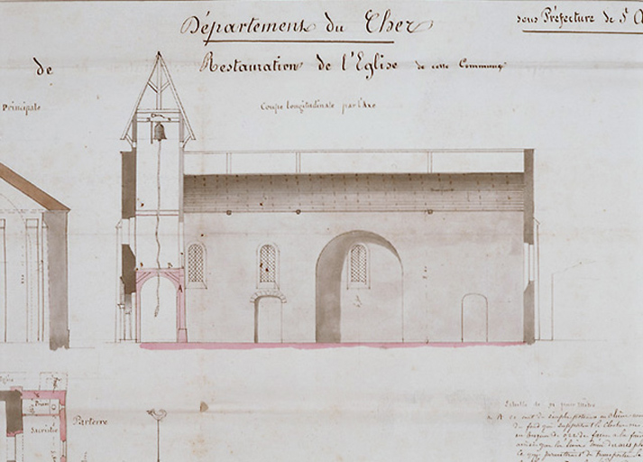 Coupe longitudinale-Projet de restauration par l'architecte Taxil en 1877; Ech. : 0, 01 par m.