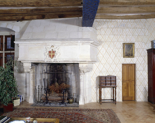 Salle du 2ème étage : cheminée gothique flamboyant et décor peint. Les murs sont ornés d'un quadrillage de losanges remplis d'une sorte de flamme et la poutre maîtresse est couverte d'un semi de fleurs de lys.