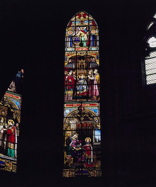 Choeur, fenêtres hautes. Baie 103 : Education de saint Louis, Sacre de saint Louis. Vue d'ensemble.