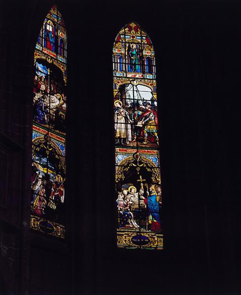Choeur, fenêtres hautes. Baie 102 : Voeu de saint Louis d'aller en terre sainte, saint Louis fait prisonnier. Vue d'ensemble.