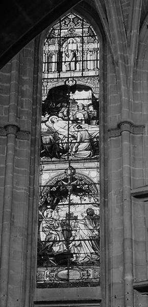 Choeur, fenêtres hautes. Baie 104 : saint Louis rendant la justice, mort de saint Louis. Vue d'ensemble.