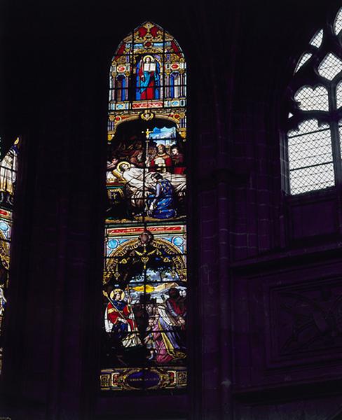 Choeur, fenêtres hautes. Baie 104 : saint Louis rendant la justice, mort de saint Louis. Vue d'ensemble.