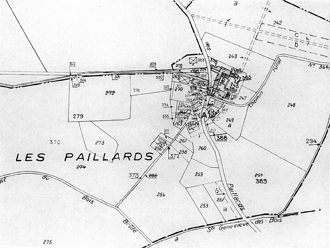 Extrait du plan cadastral actuel, section E2, 1957, éch. 1/5000e.