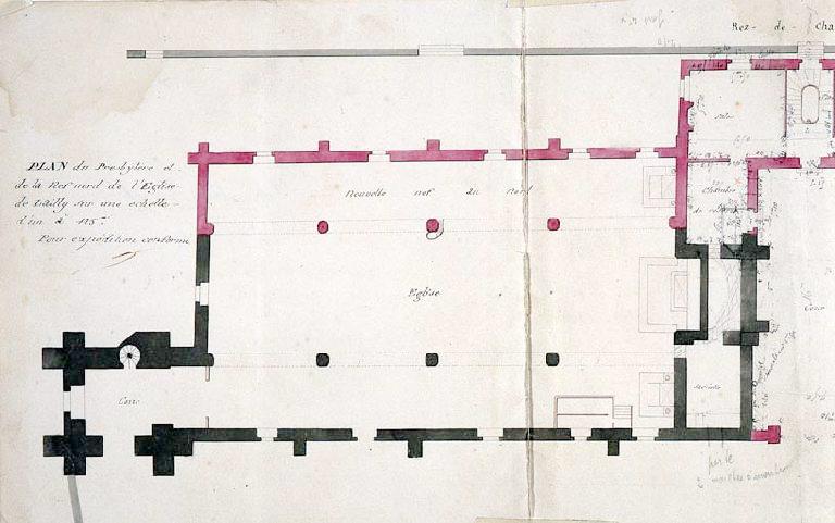 Plan de l'église avec l'agrandissement projeté au nord, dressé par M.Brunet, commissaire-voyer de l'arrondissement d'Orléans, le 7 janvier 1827.