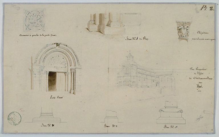 Détails d'architecture d'après un dessin signé Hazé, 1841.