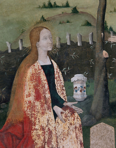 Ensemble des peintures murales de la chapelle Saint-Jean-Baptiste : apparition à Madeleine (mur est)