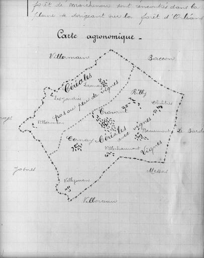 Carte des cultures à Cravant en 1914.