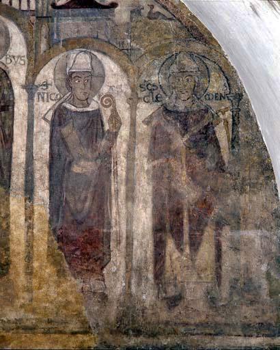 Détail du mur sud : saint Nicolas de Bari et saint Clément Pape.