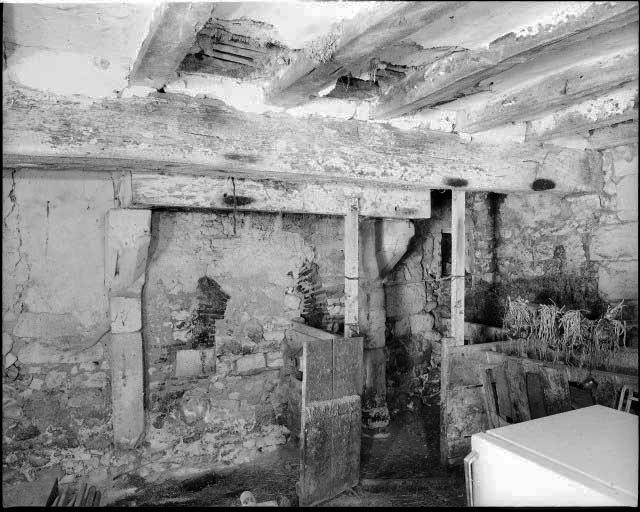 Vestiges d'une maison à entrée en pignon. Vue intérieure. La cheminée du four sur le mur pignon.