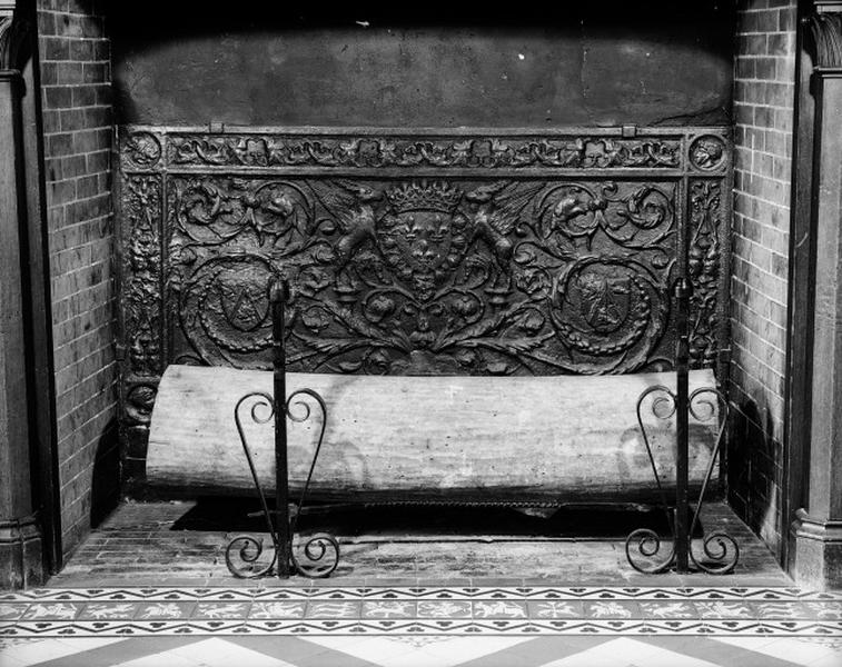 Ensemble du décor de la salle dite des gardes (carrelage de sol, cheminée)