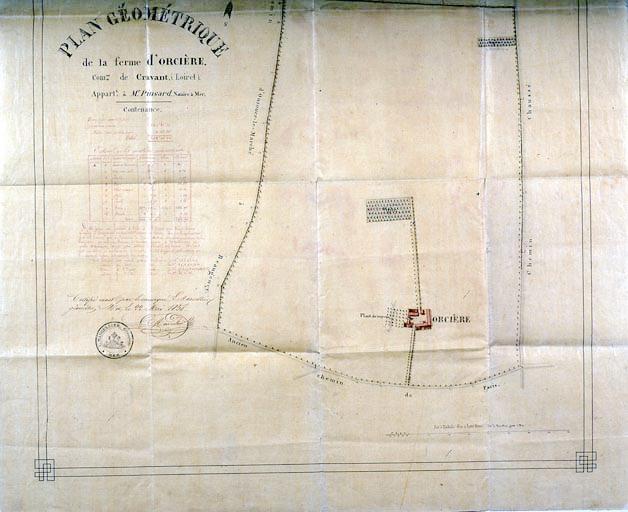 Plan géométrique de la ferme d'Orcière, commune de Cravant en 1958.