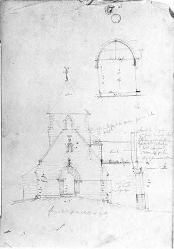 La façade ouest avant la reconstruction du clocher. Croquis par A. Dauvergne, en 1850.