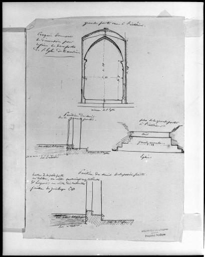 Plan et coupes des portes de l'église pour la réfection des menuiseries. Croquis au crayon par A. Dauvergne en 1853.