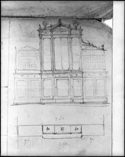 Croquis d'un bas d'armoire-bibliothèque à deux corps, joint au dossier concernant la construction du presbytère en 1856. Croquis au crayon par Alfred Dauvergne.