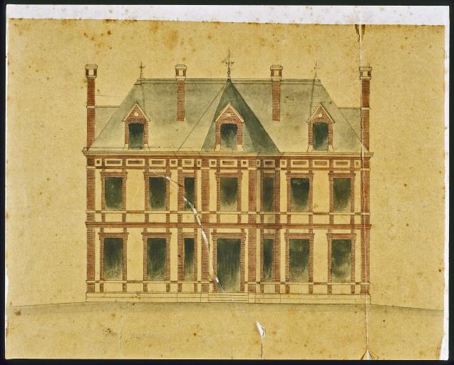 Elevation de la façade principale. Dessin aquarellé par A. Dauvergne avant 1863.