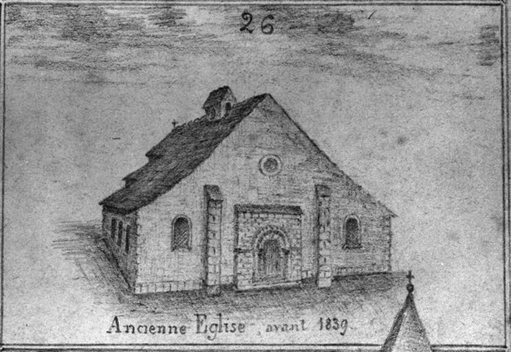 Dessin de l'instituteur Adam restituant l'ancienne église détruite sans son clocher.