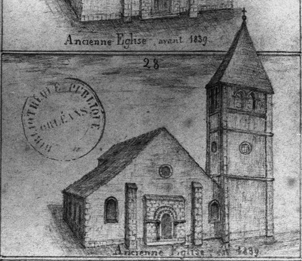 Dessin de l'instituteur Adam restituant l'ancienne église détruite avec son nouveau clocher.