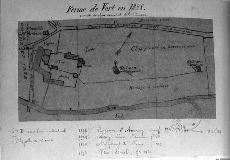 Plan masse du manoir et de la ferme dessiné par l'instituteur Adam d'après le cadastre de 1828.