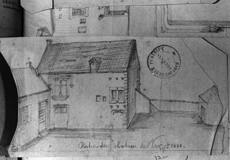 Dessin perspectif du manoir vu de la cour en 1888 par l'instituteur Adam.