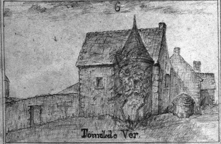 Dessin perspectif du manoir vu sur sa façade arrière vers 1890 par l'instituteur Adam.