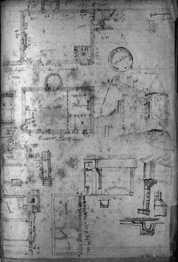 Plans, élévation et détails intérieurs du manoir et plan du grand bâtiment de ferme, dessinés par l'instituteur Adam vers 1890.