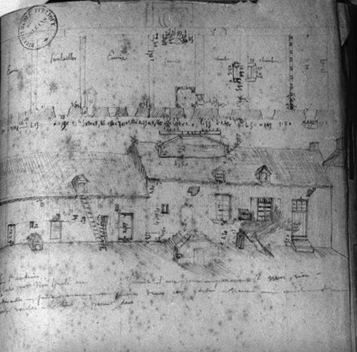 Plan et élévation du grand bâtiment de ferme dessinés vers 1890 par l'instituteur Adam.