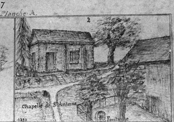 Dessin de la chapelle et de la fontaine du manoir de Ver en 1890 par l'instituteur Adam.