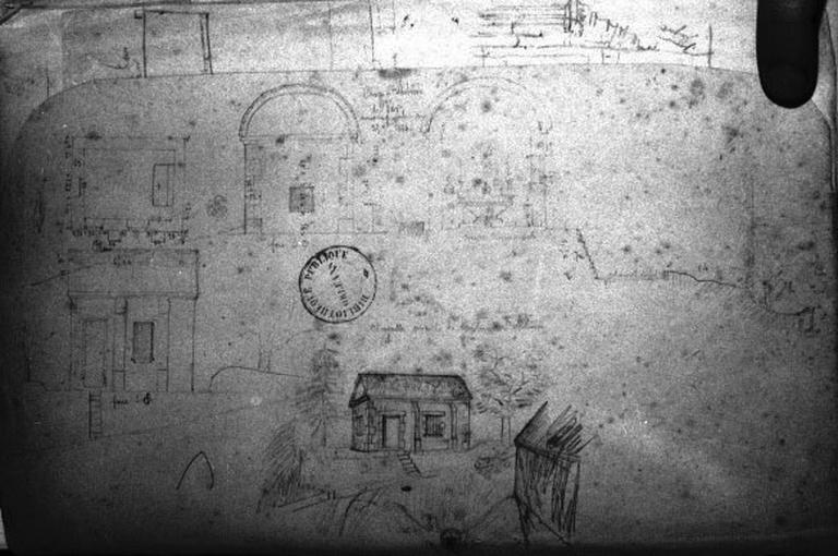 Plan, élévations et coupe transversale dessinés en 1884 par l'instituteur Adam avant sa transformation.