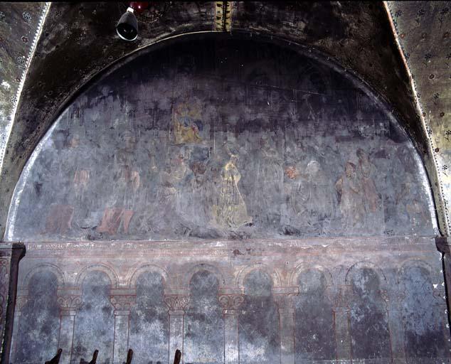 Galerie Notre-Dame de Sous-Terre, sixième travée, mur sud : 1650. Monsieur Olier offre les clefs du séminaire Saint-Sulpice à Notre-Dame de Sous-Terre.