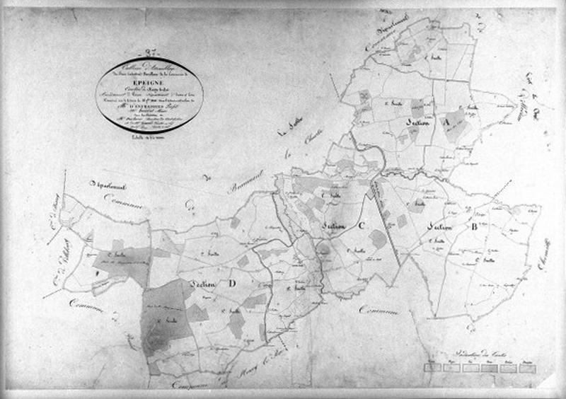 Extrait du plan cadastral de 1834. Tableau d'assemblage de la commune d'Epeigné, à l'échelle 1/10000e.