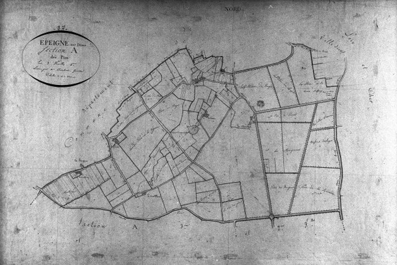 Extrait du plan cadastral de 1834 : commune d'Epeigné, section A1, à l'échelle 1/2500e.