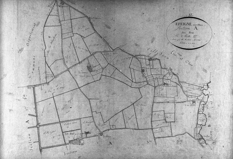Extrait du plan cadastral de 1834 : commune d'Epeigné, section A2, à l'échelle 1/2500e.