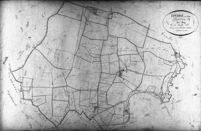 Extrait du plan cadastral de 1834 : commune d'Epeigné, section A3, à l'échelle 1/2500e.
