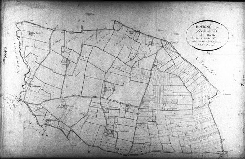 Extrait du plan cadastral de 1834 : commune d'Epeigné, section B1, à l'échelle 1/2500e.