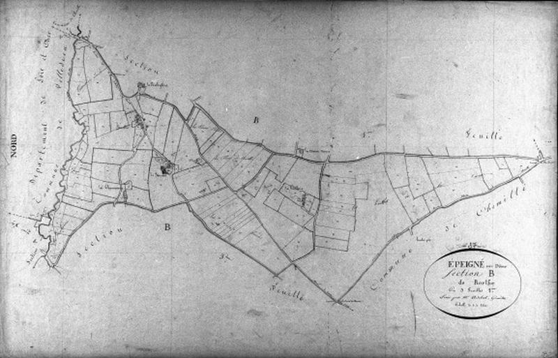 Extrait du plan cadastral de 1834 : commune d'Epeigné, section B2, à l'échelle 1/2500e.