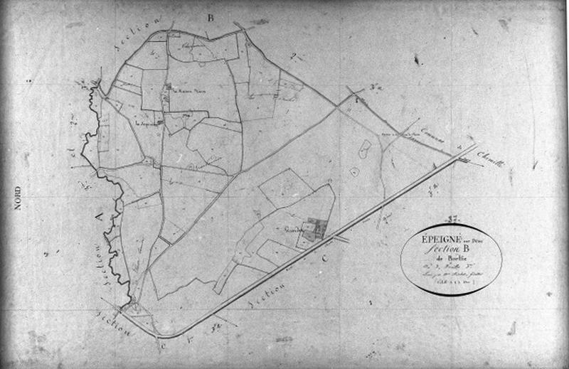 Extrait du plan cadastral de 1834 : commune d'Epeigné, section B3, à l'échelle 1/2500e.