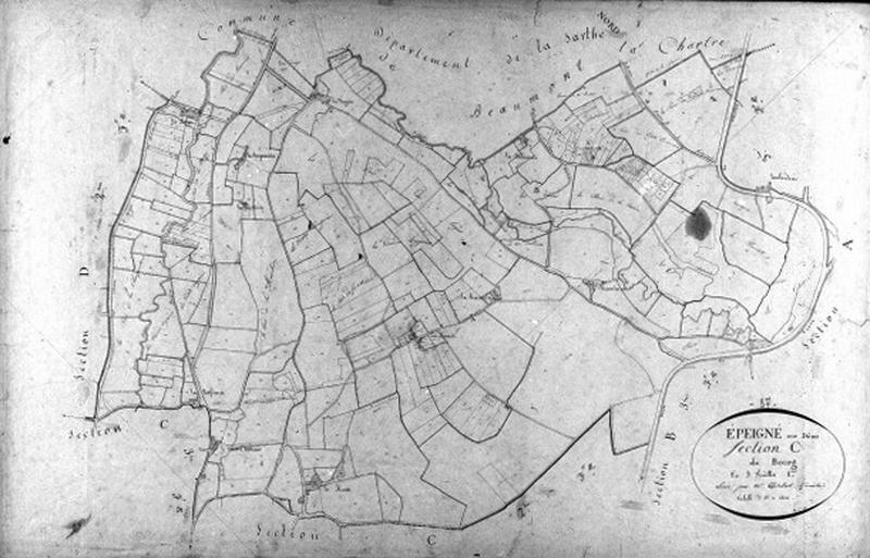 Extrait du plan cadastral de 1834 : commune d'Epeigné, section C1, à l'échelle 1/2500e.