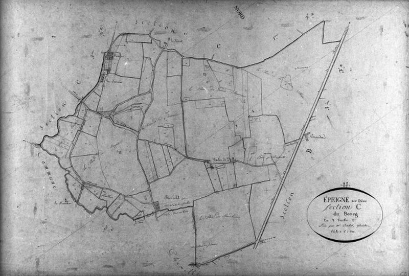 Extrait du plan cadastral de 1834 : commune d'Epeigné, section C2, à l'échelle 1/2500e.