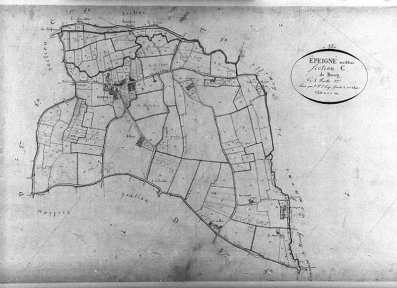Extrait du plan cadastral de 1834 : commune d'Epeigné, section C3, à l'échelle 1/2500e.