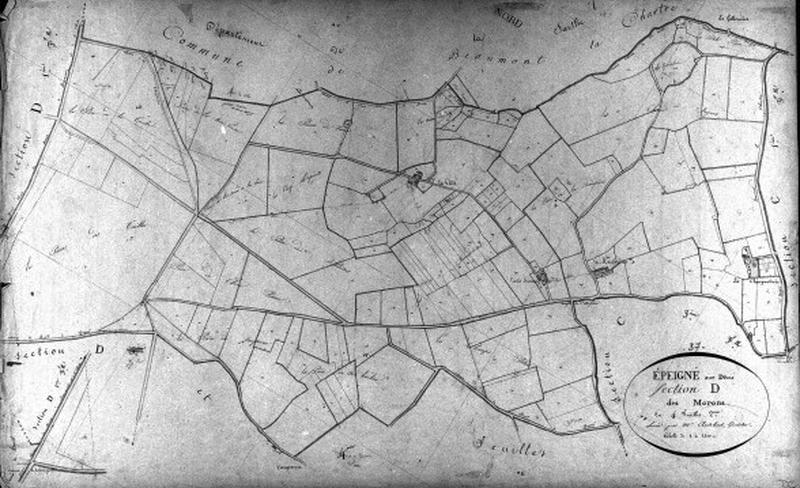Extrait du plan cadastral de 1834 : commune d'Epeigné, section D2, à l'échelle 1/2500e.