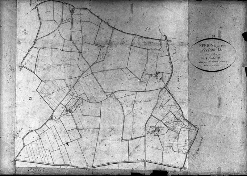 Extrait du plan cadastral de 1834 : commune d'Epeigné, section D3, à l'échelle 1/2500e.