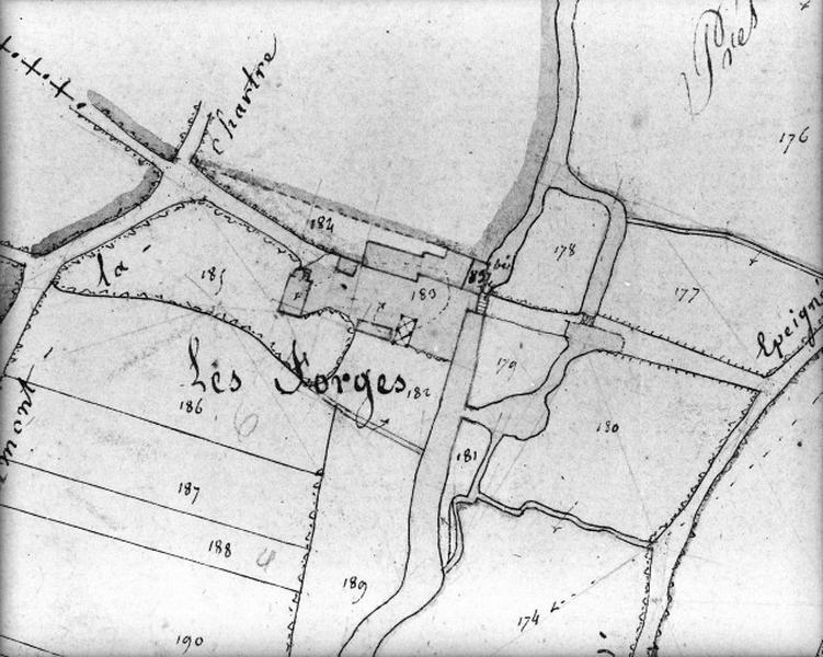 Extrait du plan cadastral de 1834 : section C1, à l'échelle 1/2500e, Les Forges.