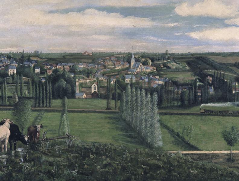 Détail de la partie centrale du tableau. A l'avant plan, entre les arbres, représentation des tanneries Brûlon.