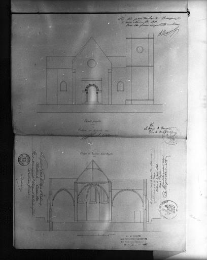 Façade et coupe transversale projetées (1860).