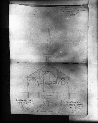 Coupe transversale vers l'ouest sur l'église projetée (1861).