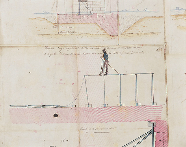 Coupes diverses de barrages mobiles du Cher, non daté (avant 1839). Dessin indiquant la manoeuvre au moyen de laquelle l'éclusier relève et accroche les tabliers formant pont de service.