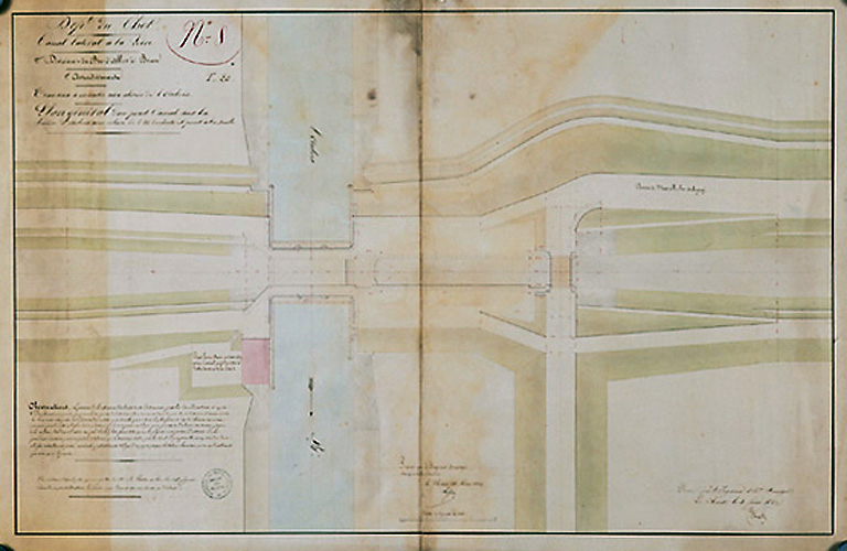 Plan général d'un pont-canal sur la rivière d'Aubois avec écluse de 2, 42 m de chute et pont à la suite, dressé par l'ingénieur ordinaire Vaugulin (?), 5 février 1829, présenté par l'ingénieur en chef Lejeune le 13 mars 1829.