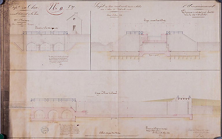 Projet d'un pont-canal sur la rivière d'Aubois avec écluse et pont à la suite, dressé par l'ingénieur ordinaire Vaugulin le 1er février 1829 et présenté par l'ingénieur en chef Lejeune le 13 mars 1829.