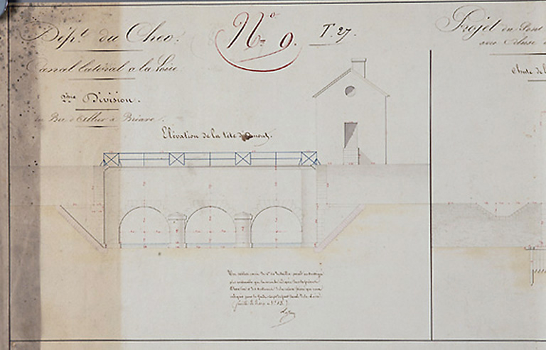 Projet d'un pont-canal sur la rivière d'Aubois avec écluse et pont à la suite, dressé par l'ingénieur ordinaire Vaugulin le 1er février 1829 et présenté par l'ingénieur en chef Lejeune le 13 mars 1829. Détail.