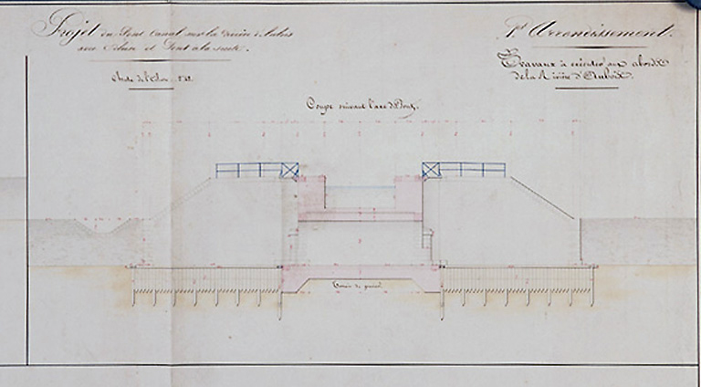 Projet d'un pont-canal sur la rivière d'Aubois avec écluse et pont à la suite, dressé par l'ingénieur ordinaire Vaugulin le 1er février 1829 et présenté par l'ingénieur en chef Lejeune le 13 mars 1829. Détail.